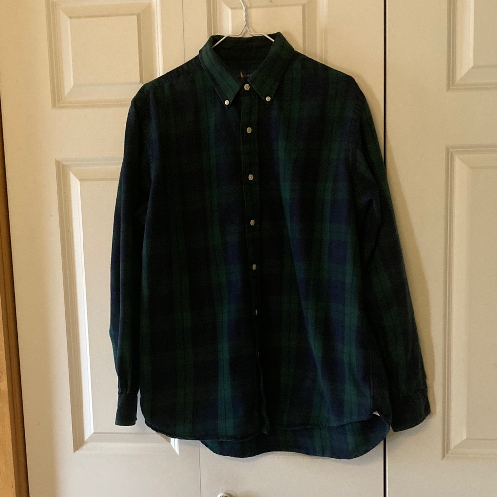 Ralph Lauren mens L performance flannel button down blue green tartan plaid